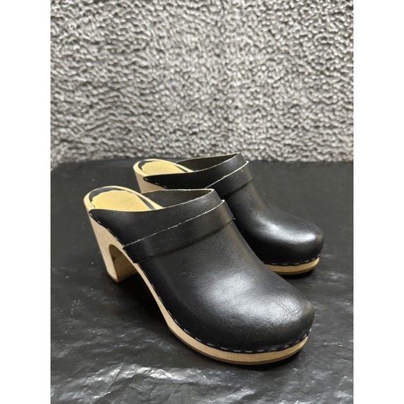 Swedish Hasbeens Toffel Black Leather‎ Wood Clogs Heels Size 37 - Picture 1 of 8
